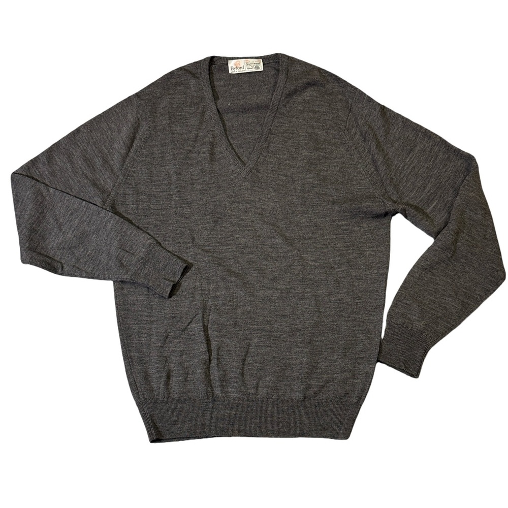 Byford mens 42 L Large gray solid v-neck 100% wool v-neck sweater EUC